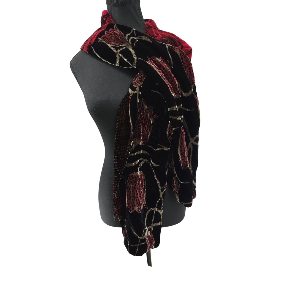 Trisha Needham England Velvet Scarf Floral Polka Dot Reversible Black Red Gold